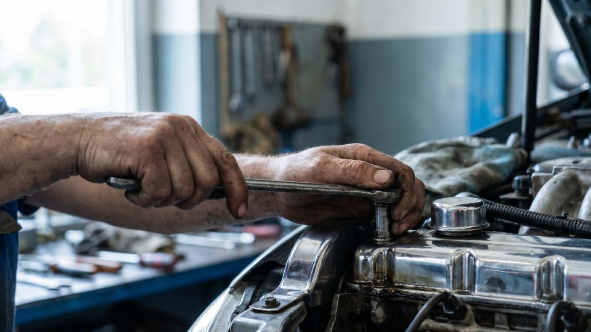Diese Detailaufnahme transportiert die handwerkliche Kompetenz und die tactile Verbindung zum Fahrzeug – ein Sinnbild für den Mut und das Können hinter der eigenen Reparatur.