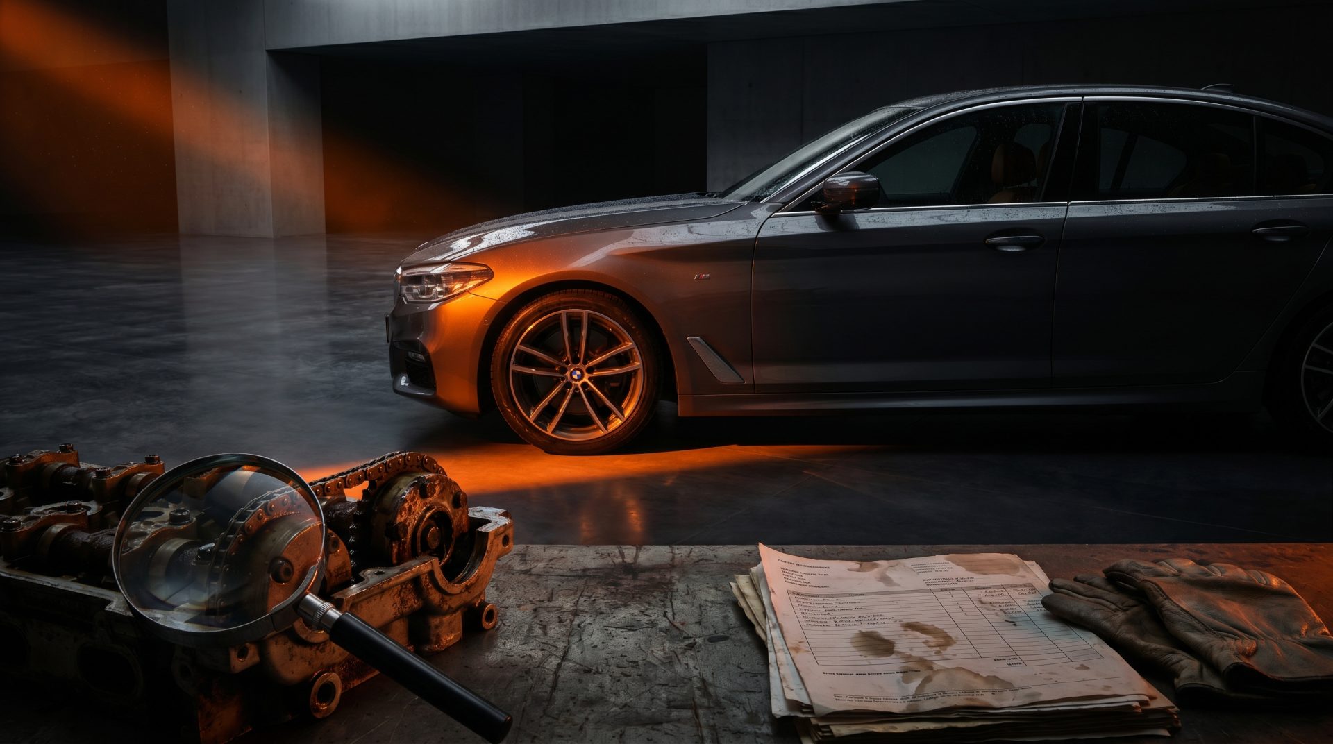 Ein moderner Gebrauchtwagen steht in einer Werkstatt, im Vordergrund liegen &ouml;lverschmierte Reparaturhandschuhe und&hellip;