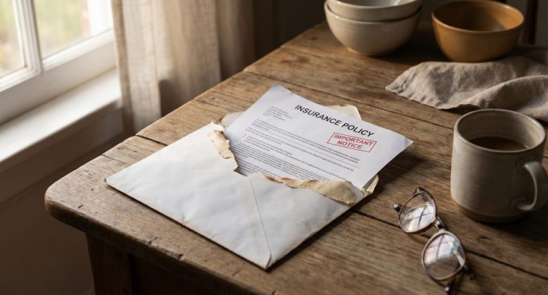 Editorial photograph of a close-up shot of an opened white insurance letter lyin