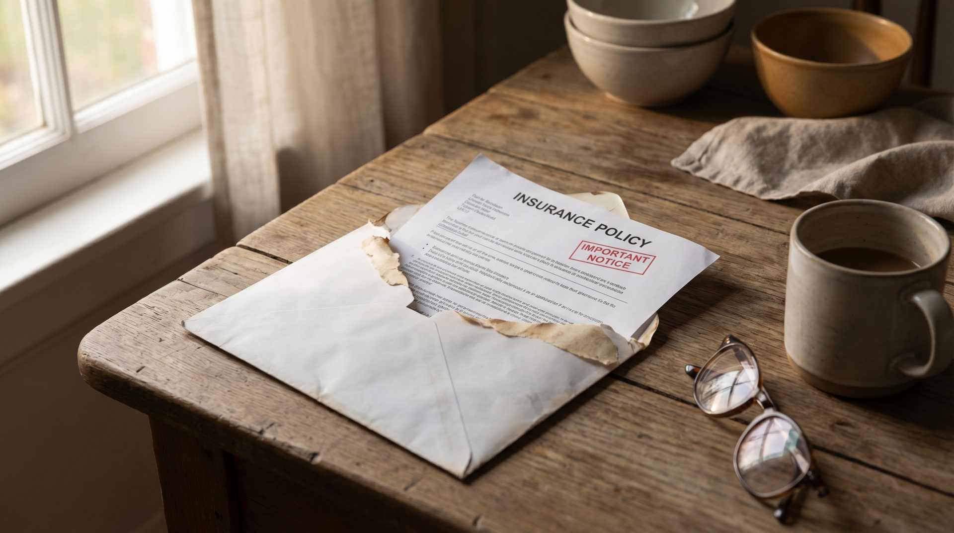 Editorial photograph of a close-up shot of an opened white insurance letter lyin