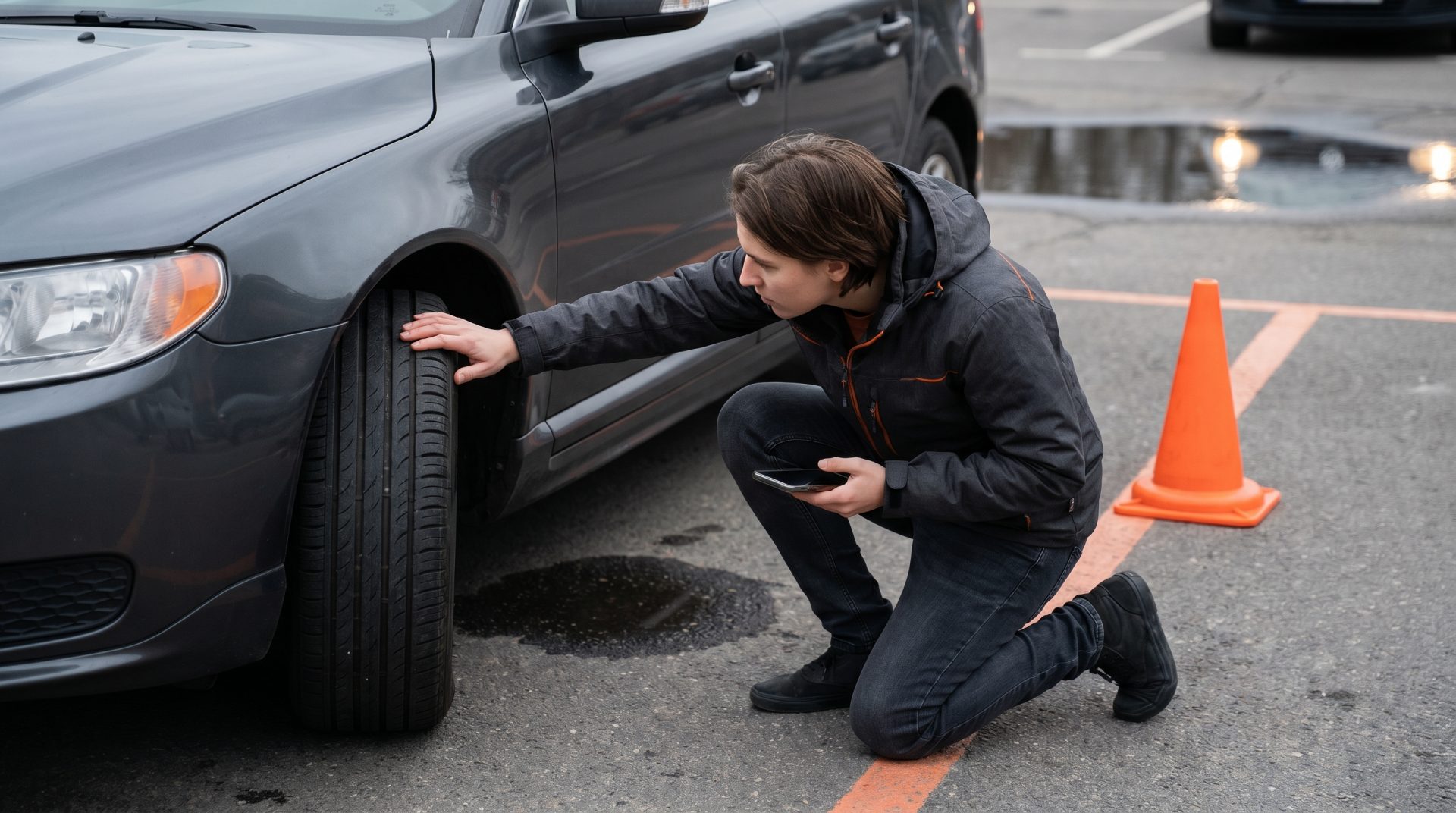 Autowartung Anf&auml;nger: Eine Person &uuml;berpr&uuml;ft aufmerksam den Reifen ihres Autos auf Profil und Besch&auml;digungen, um&hellip;