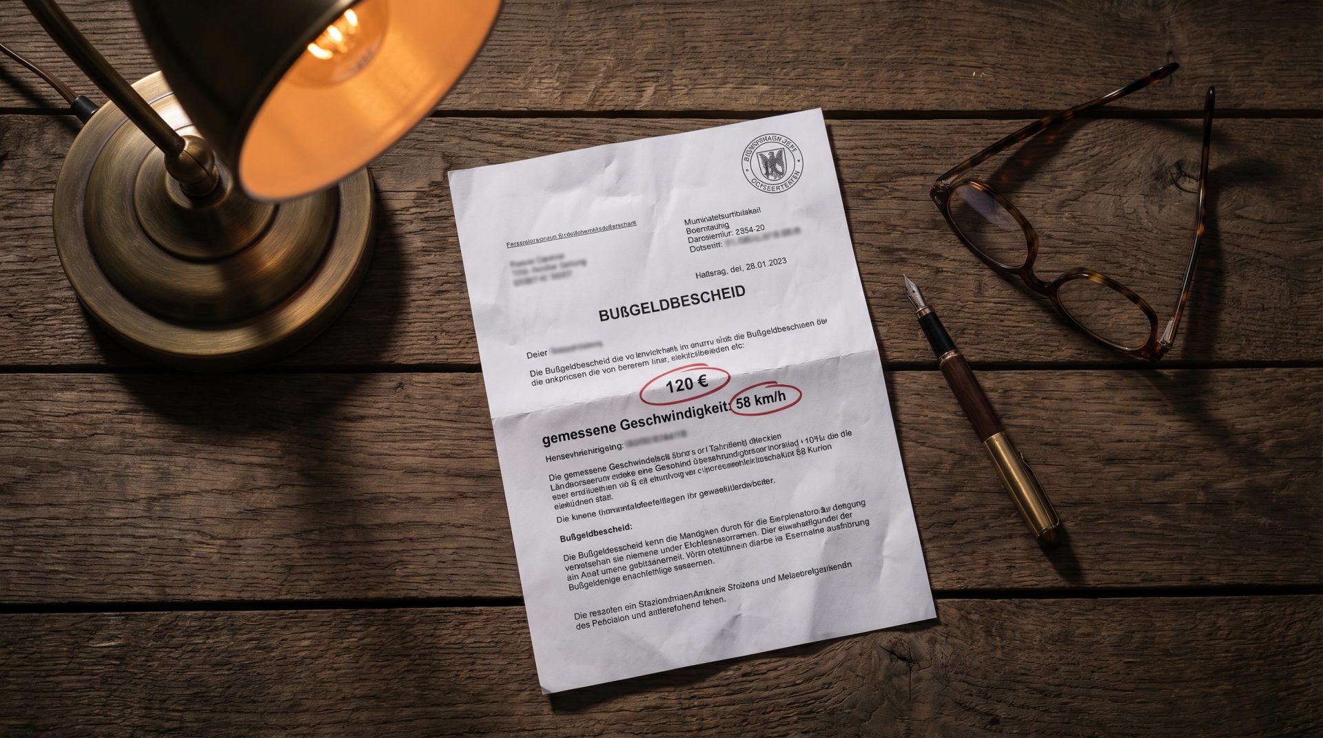 Diese konzeptionelle Still-Life-Aufnahme symbolisiert die juristische und emotionale Schwere des Bußgeldbescheids, die genaues Lesen und Abwägen erfordert, und verleiht dem Thema eine greifbare Alltagsnähe.