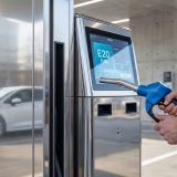 Editorial photograph of a close-up view of a sleek 2025 fuel pump with digital t