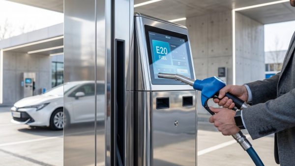 Editorial photograph of a close-up view of a sleek 2025 fuel pump with digital t
