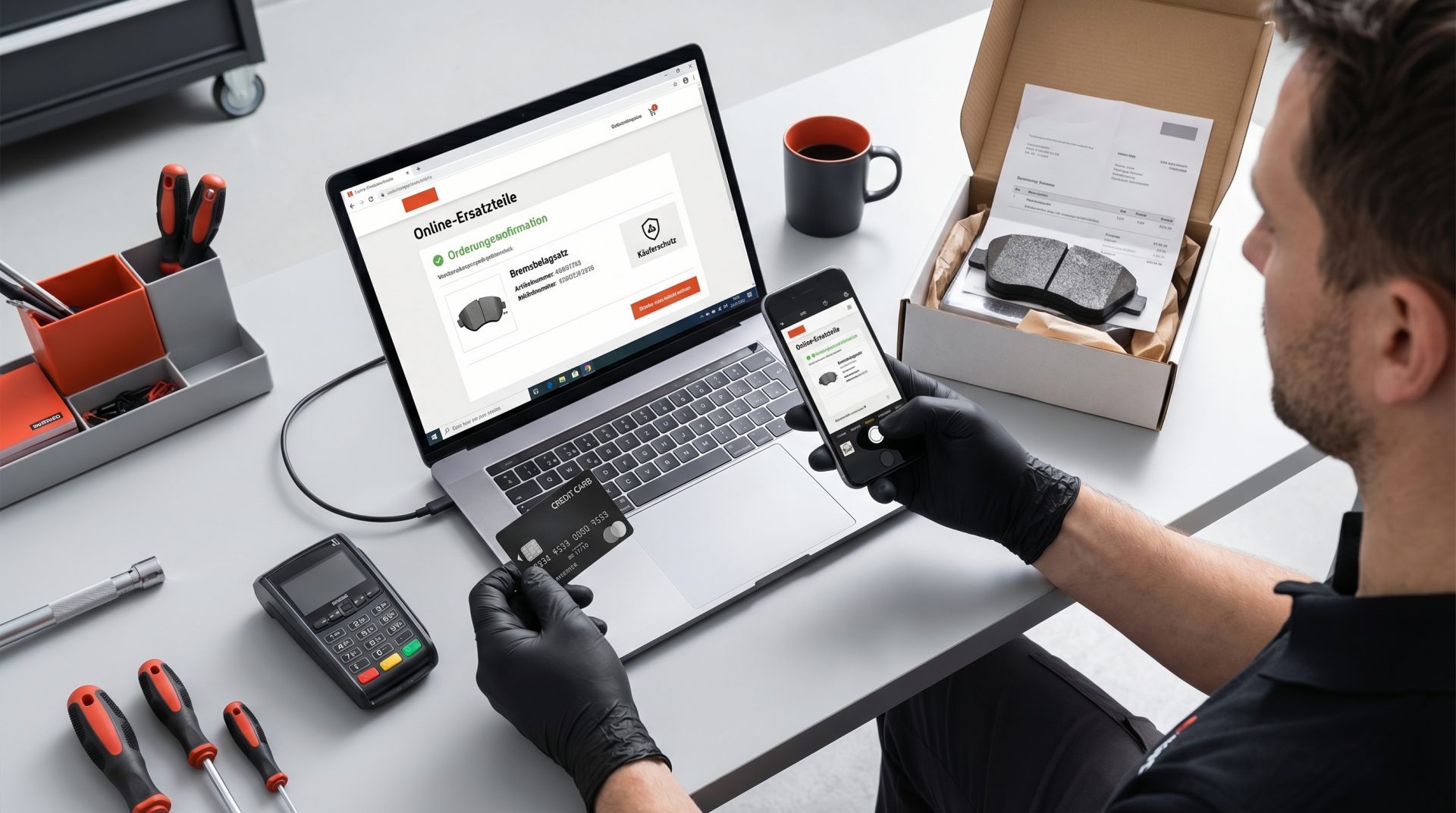 Mann bestellt Ersatzteile online über Laptop und Smartphone, hält Kreditkarte in der Hand – sichere Zahlungsmethoden mit…