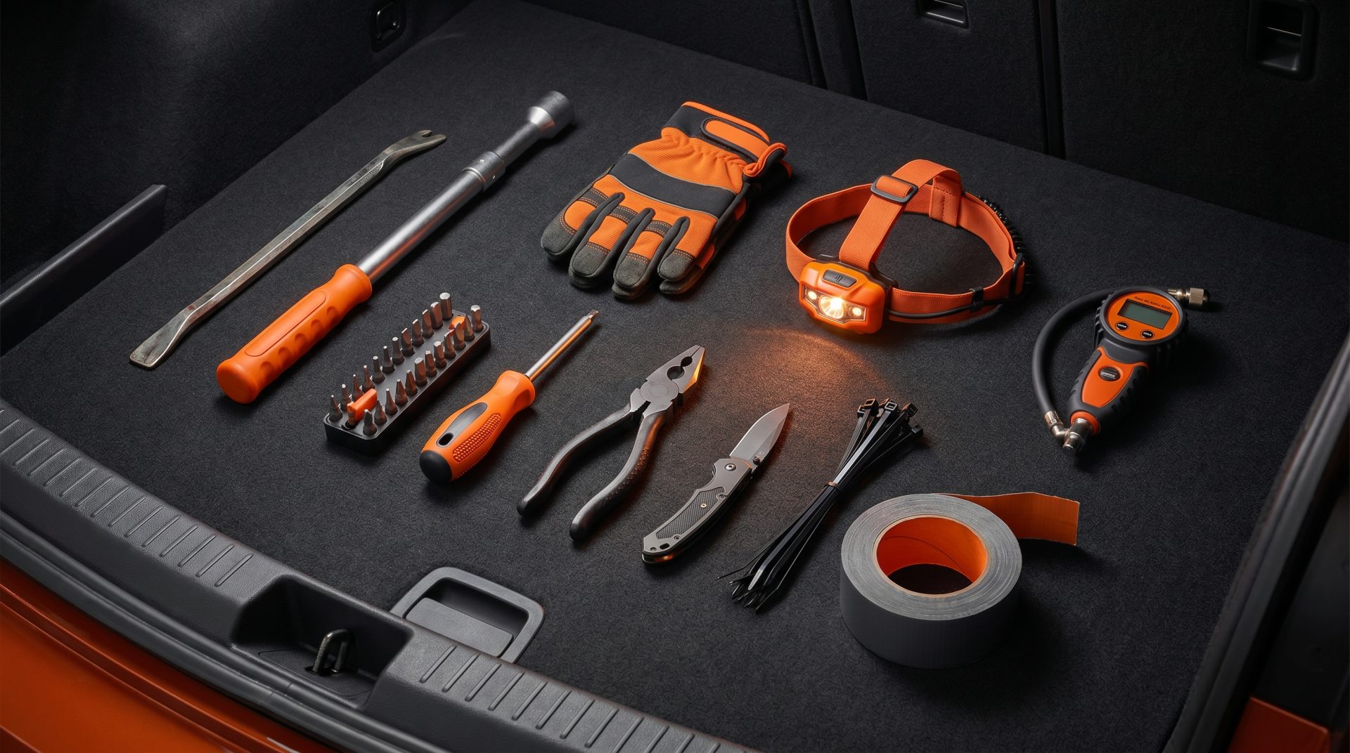 KFZWerkzeug f&uuml;r den Notfall: Teleskop-Radschl&uuml;ssel, Handschuhe, LED-Stirnlampe, Schraubendreher mit Bit-Satz, Kombizange,&hellip;