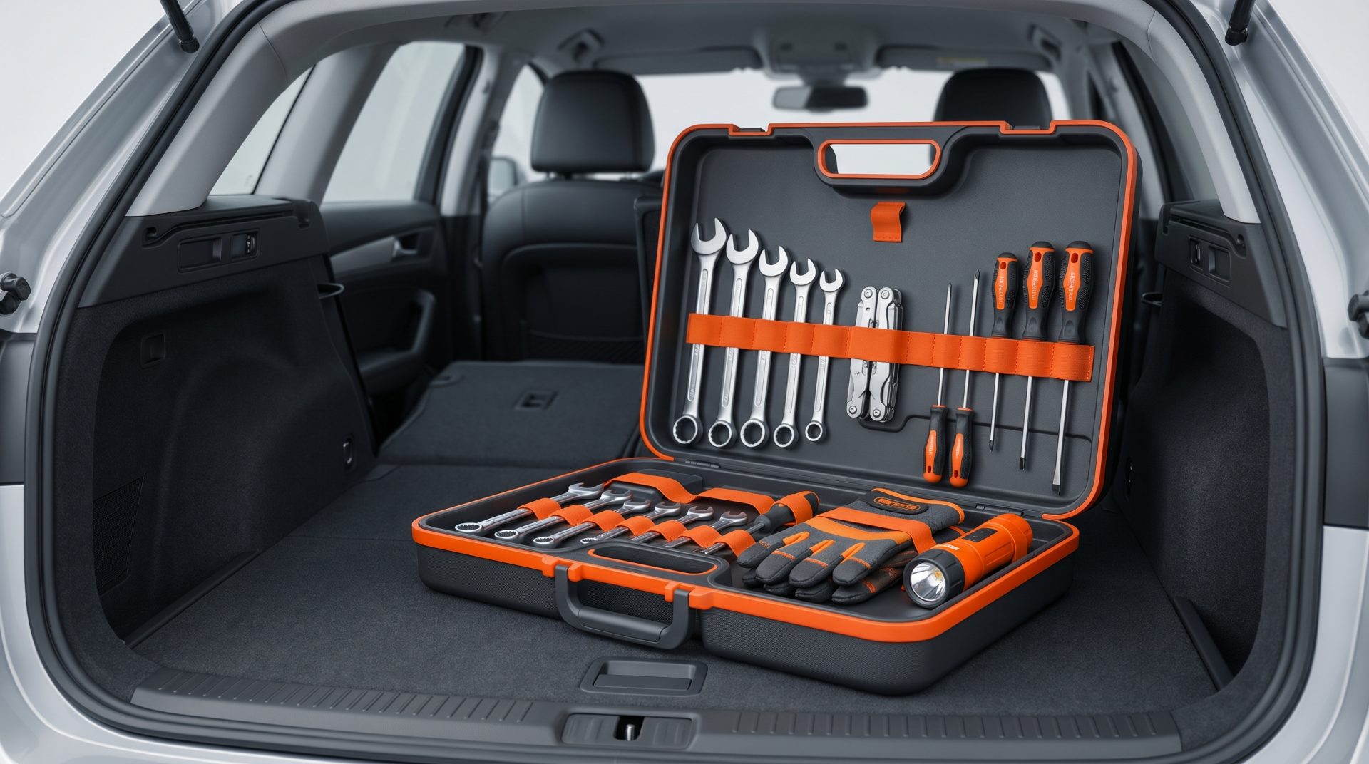 Ein kompaktes KFZWerkzeug-Set mit Schraubenschl&uuml;sseln, Schraubendrehern, Multitool, Handschuhen und Taschenlampe,&hellip;