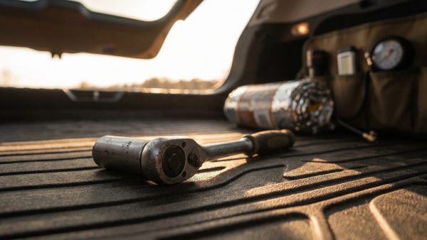 Diese Aufnahme zeigt das unverzichtbare Werkzeug in seiner Materialität und Funktion, vermittelt Ruhe und Vertrauen in die Vorbereitung auf Pannen.