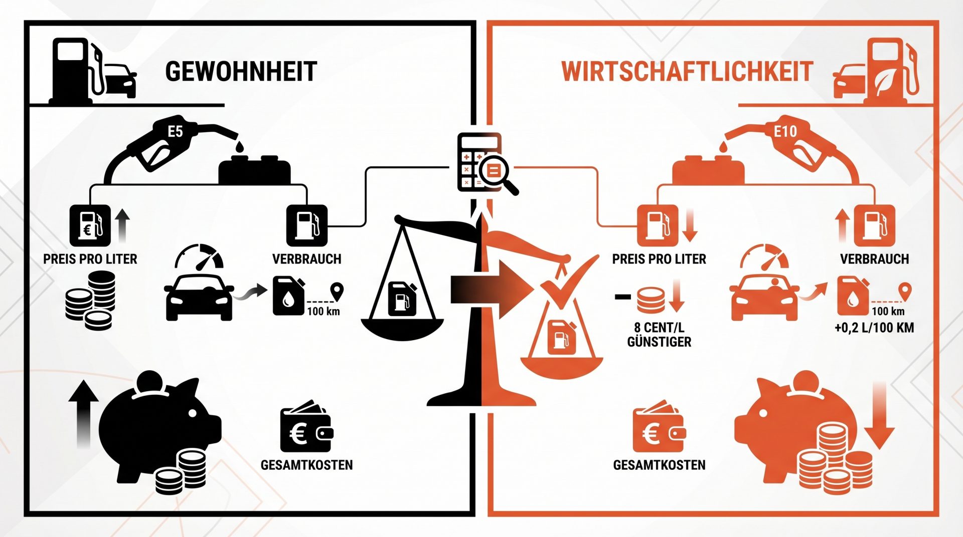 Kraftstoffvergleich zwischen E5 und E10 verdeutlicht, wie trotz leicht h&ouml;herem Verbrauch bei E10 durch niedrigeren Preis&hellip;