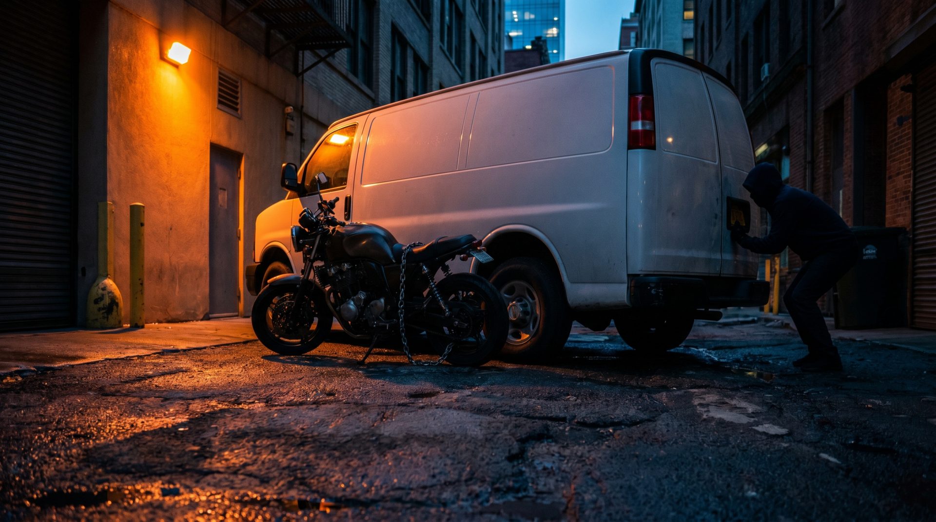 Ein Motorrad ist in einer dunklen Gasse an einen Transporter angekettet, w&auml;hrend eine Person im Kapuzenpullover versucht,&hellip;