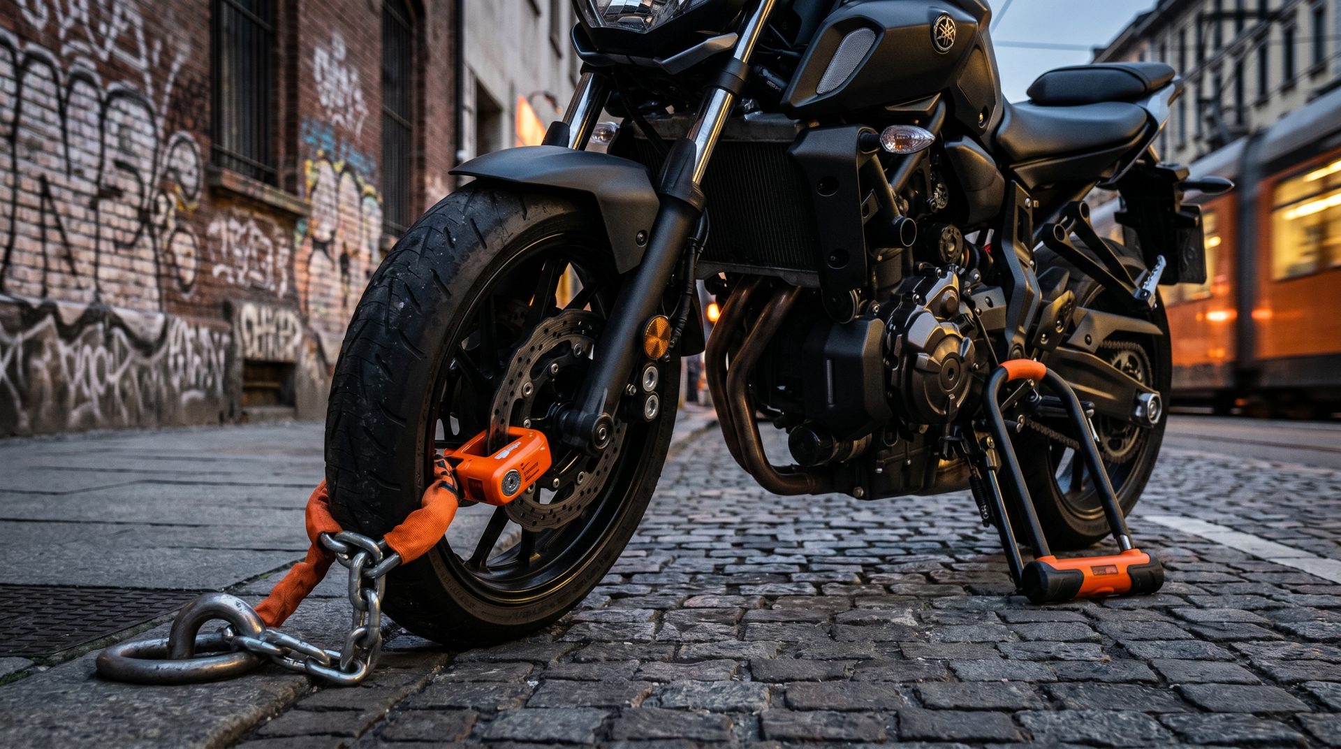 Motorrad in urbaner Umgebung mit Kette am Vorderrad und zwei unterschiedlichen Schl&ouml;ssern als effektive Ma&szlig;nahme gegen&hellip;