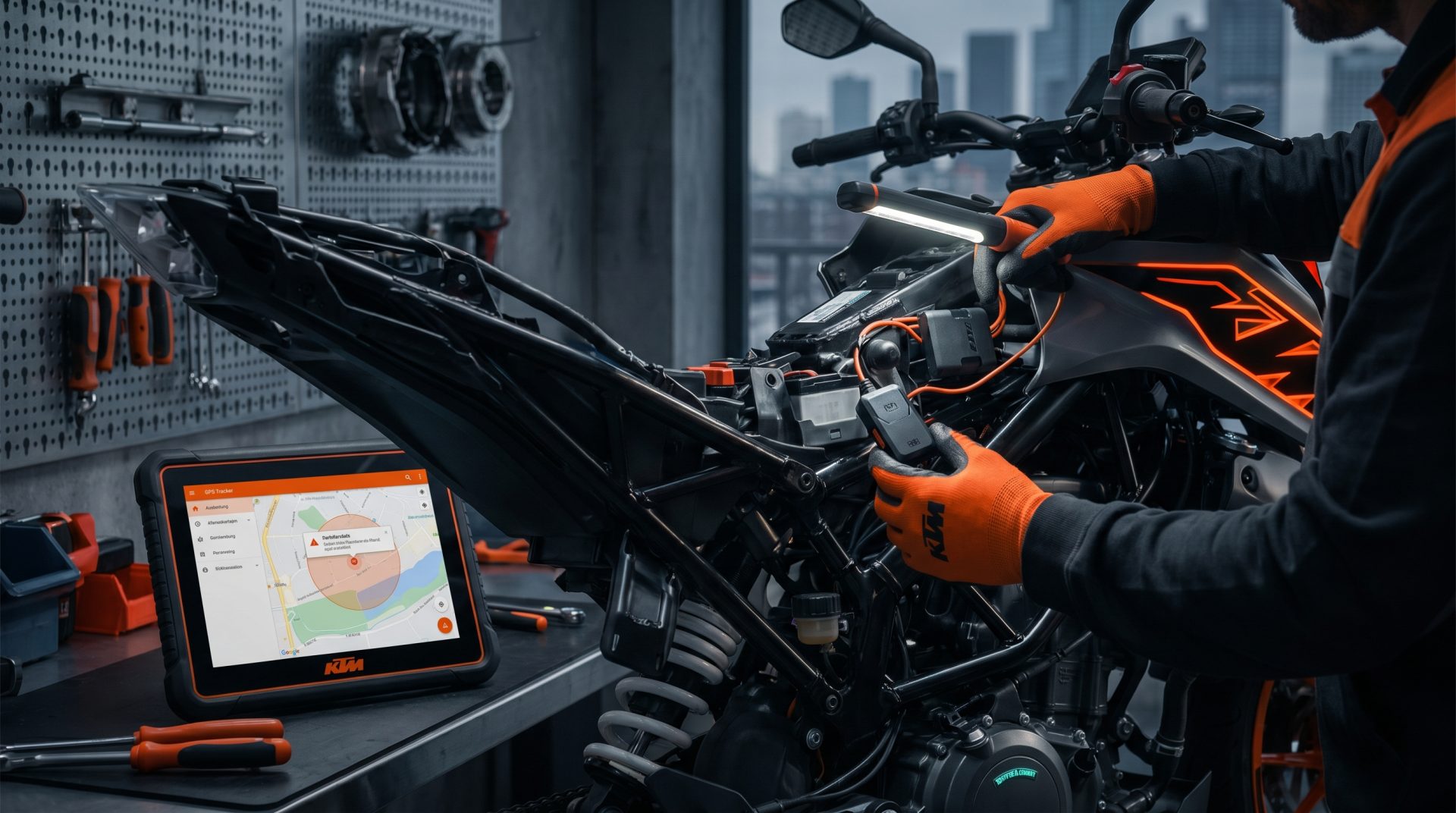 Ein Techniker installiert einen GPS-Tracker tief im Rahmen eines Motorrads, um effektiven Schutz vor Motorraddiebstahl in&hellip;