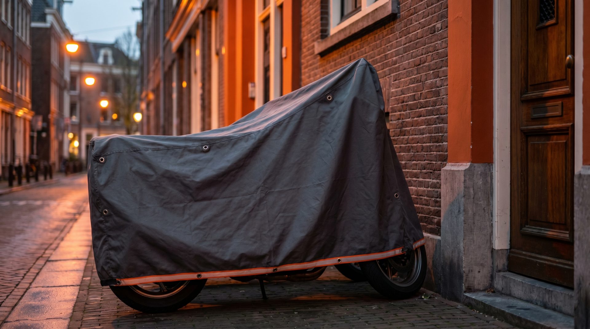 Ein mit einer schlichten, grauen Abdeckplane verh&uuml;lltes Motorrad steht auf einem Pflastersteinweg in der Gro&szlig;stadt und&hellip;