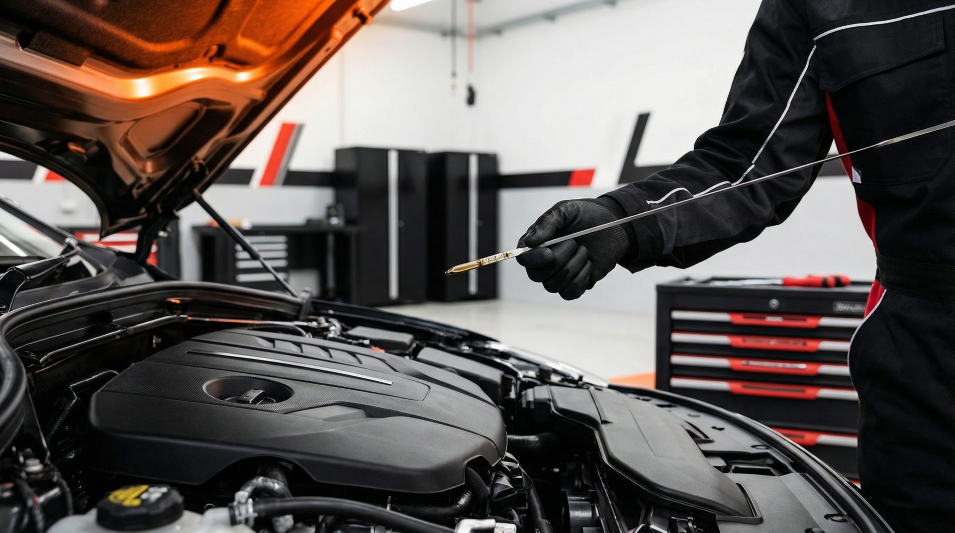 Ein Mechaniker zieht den &Ouml;lmessstab aus dem Motorraum, um den &Ouml;lstand zu pr&uuml;fen &ndash; ein wichtiger Schritt vor dem&hellip;