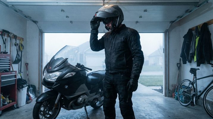 Das Bild zeigt den Moment der bewussten Vorbereitung und symbolisiert Ruhe und Verantwortungsbewusstsein, zentrale Werte beim Motorradfahren im Regen.