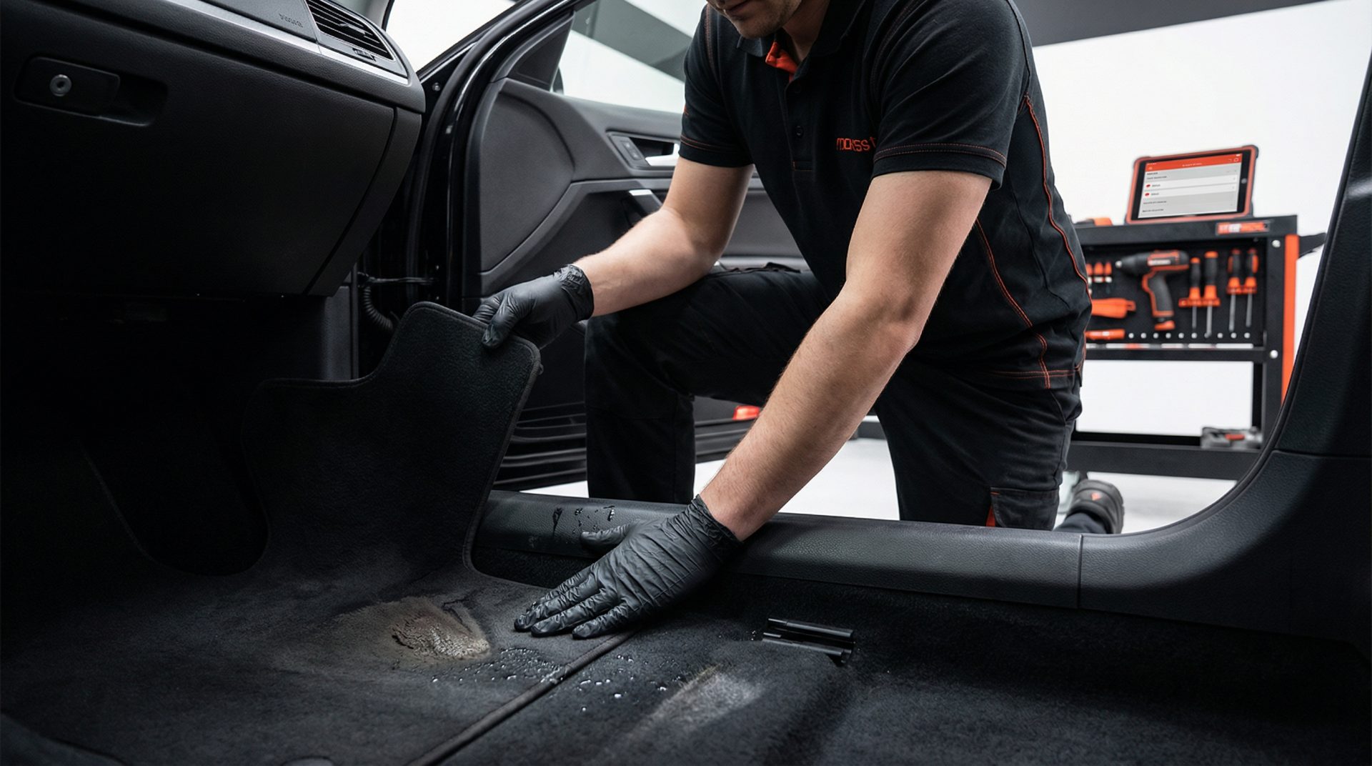 Ein Fachmann entfernt nasse Fu&szlig;matten und kontrolliert den feuchten Teppichboden im Auto, um Schimmel Auto fr&uuml;hzeitig zu&hellip;