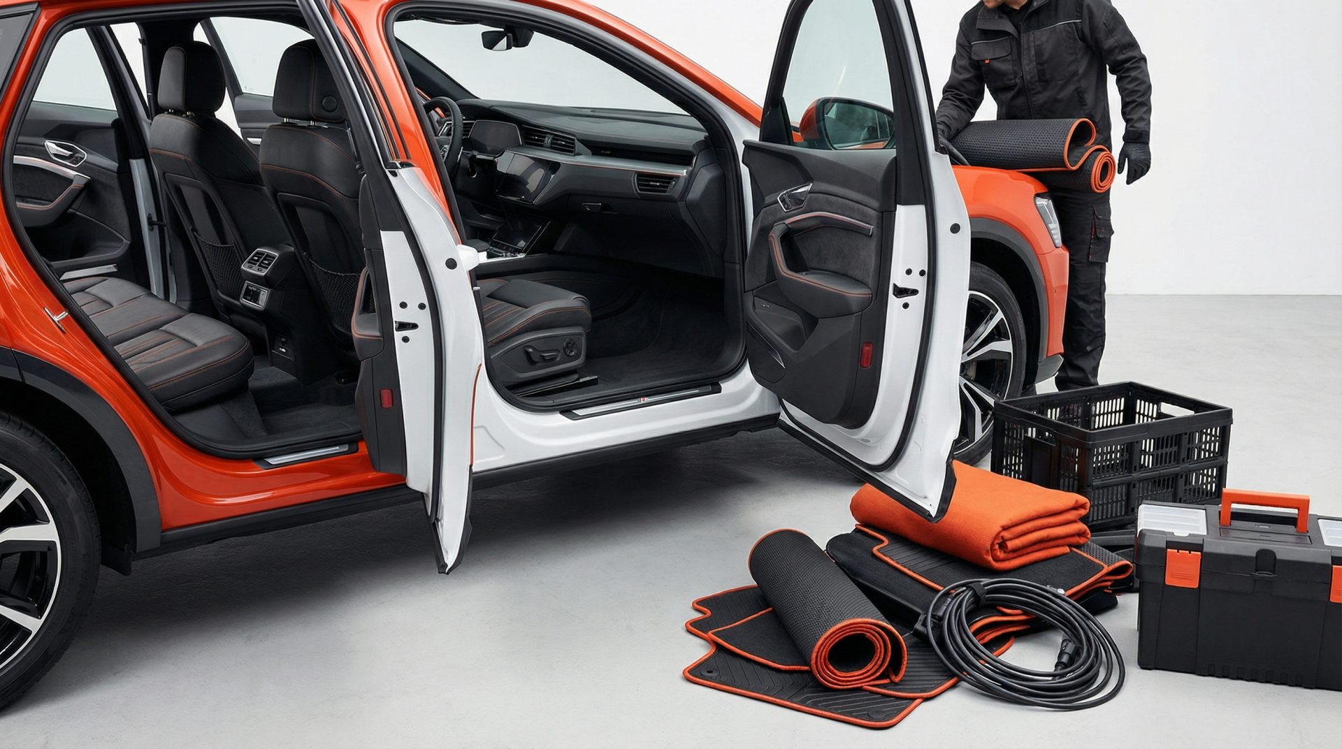 Ein Auto wurde vollst&auml;ndig entleert, um Schimmel im Auto vorzubeugen; Fu&szlig;matten, Decken und Zubeh&ouml;r liegen ordentlich&hellip;