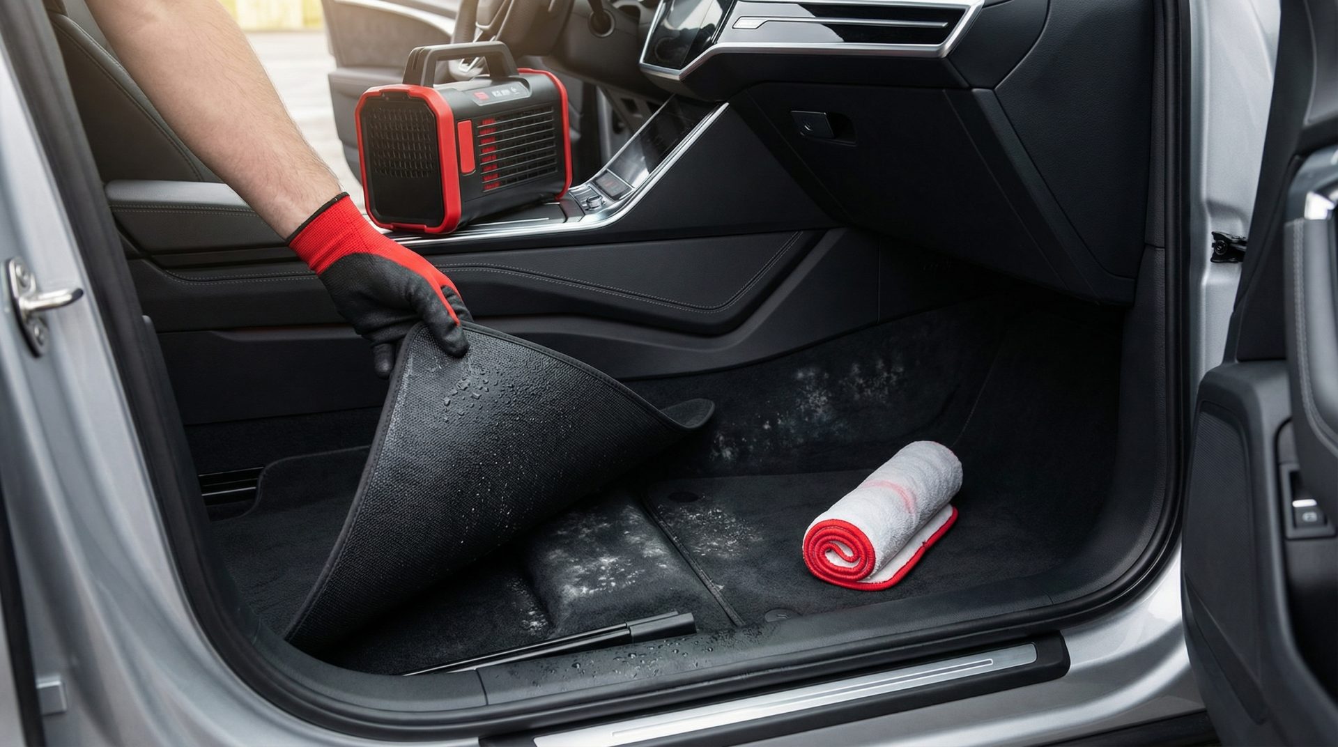 Feuchtigkeit und Schimmel Auto entfernen: Nasse Fu&szlig;matten anheben, um darunterliegenden Schimmelbefall zu erkennen und&hellip;