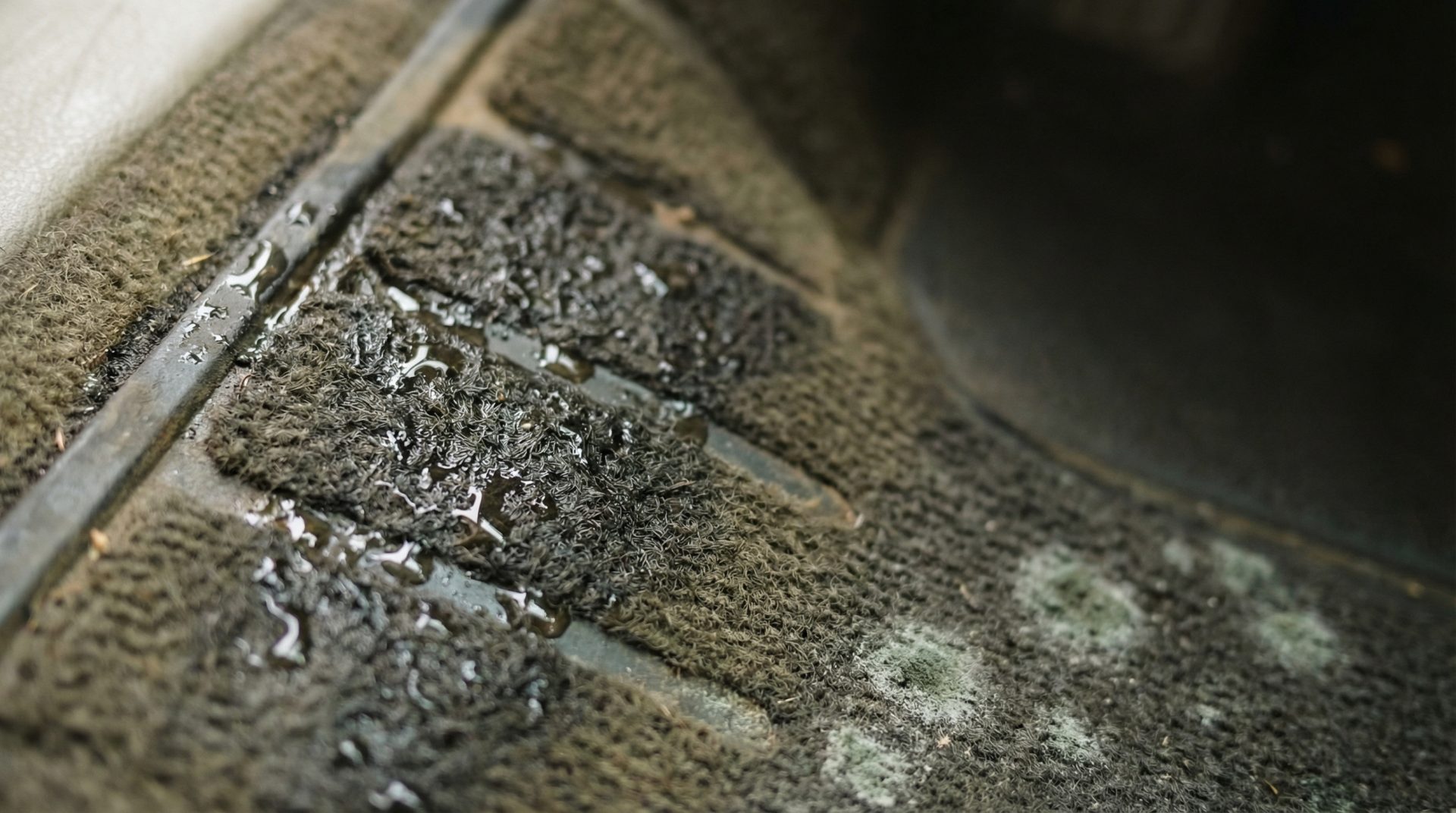 Die Detailaufnahme erzeugt eine taktile und visuelle Sensibilisierung für die oft übersehene Feuchtigkeit, die zu Schimmel führen kann, und macht die Problematik greifbar.