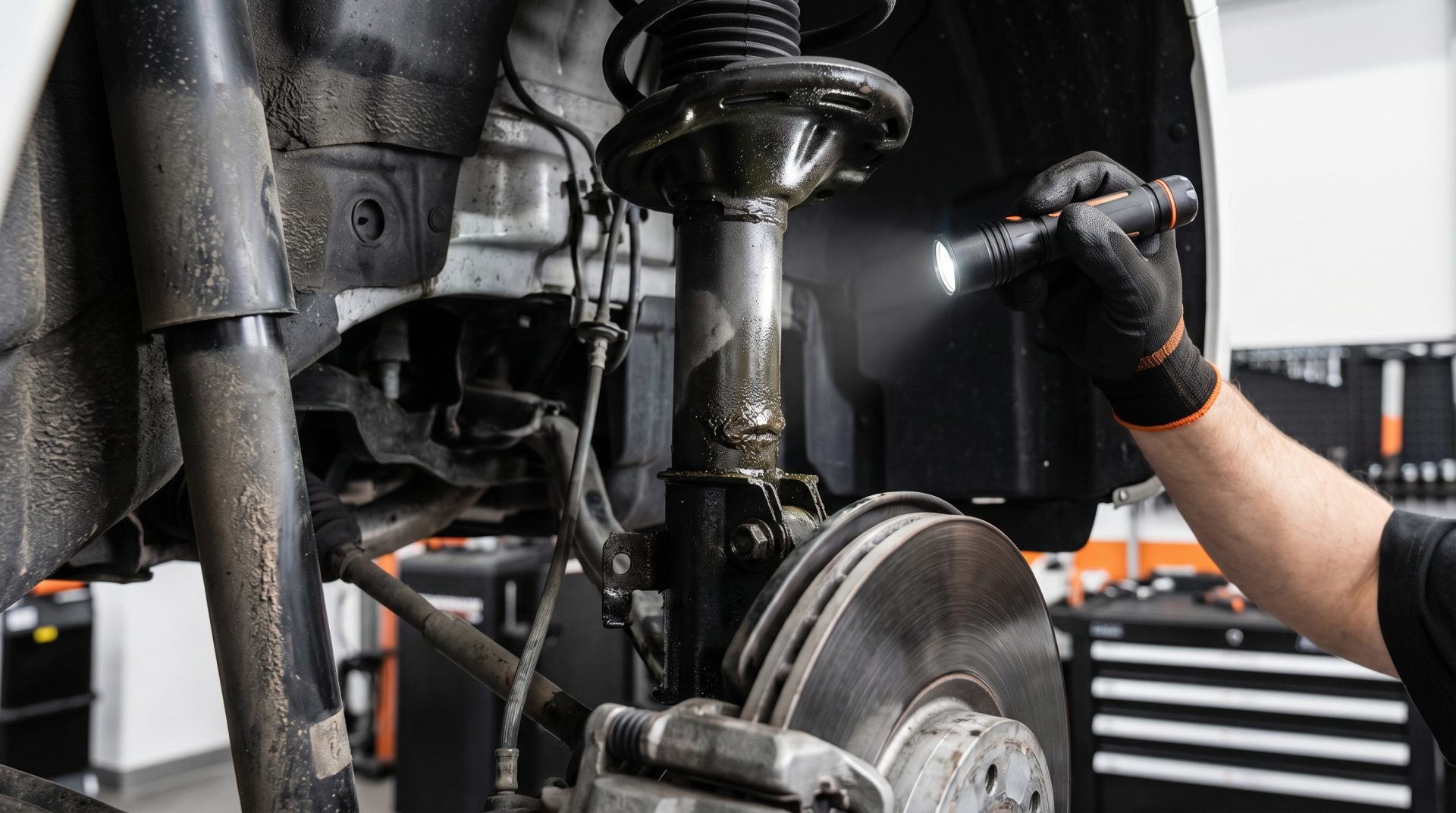 Sto&szlig;d&auml;mpfer pr&uuml;fen auf Undichtigkeiten: Ein Mechaniker inspiziert mit Taschenlampe das D&auml;mpfergeh&auml;use hinter dem Rad auf&hellip;