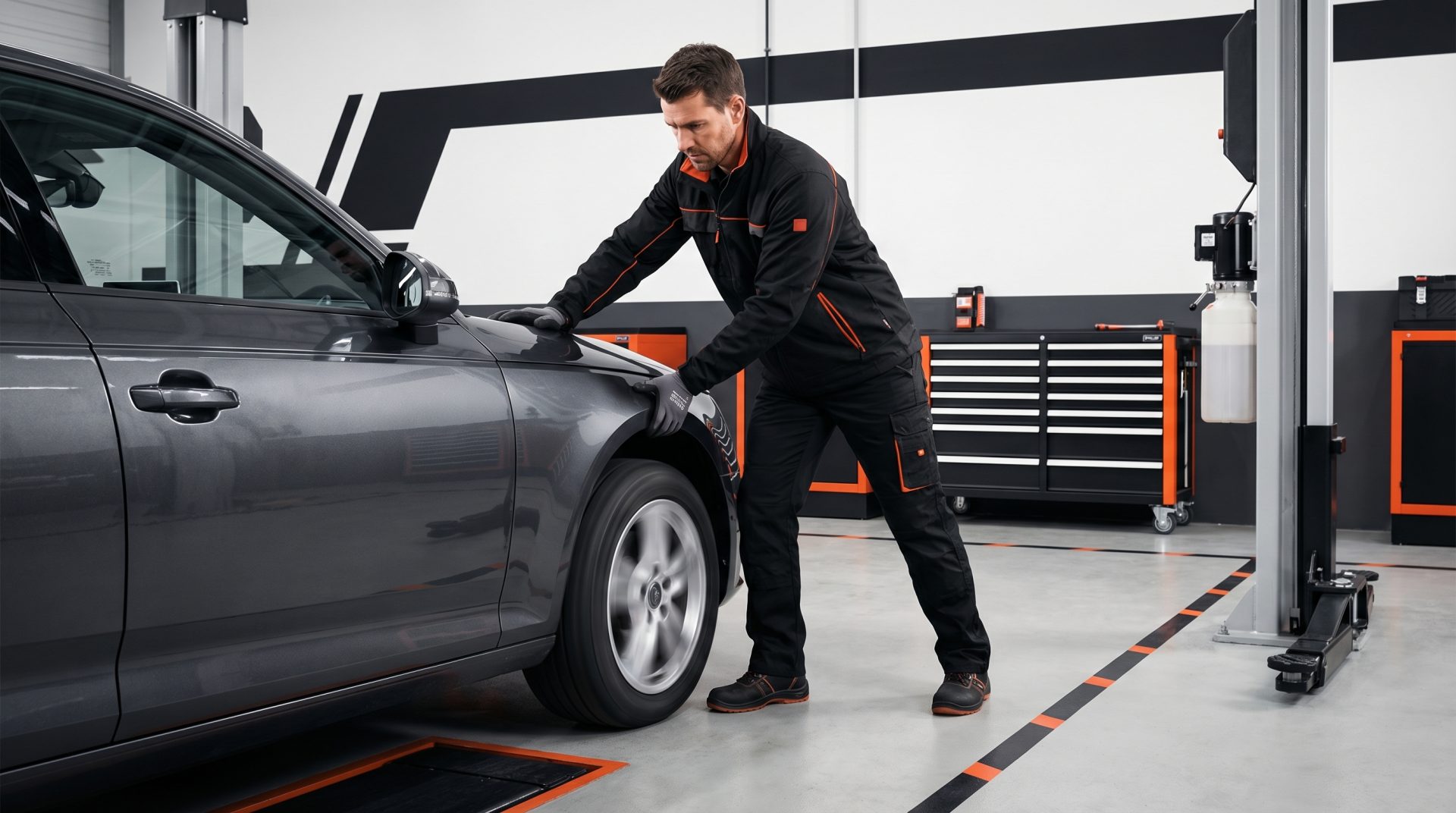 Mechaniker &uuml;berpr&uuml;ft Sto&szlig;d&auml;mpfer, indem er das Fahrzeug vorn am Radgummi festh&auml;lt und einen Wipptest durchf&uuml;hrt, um die&hellip;