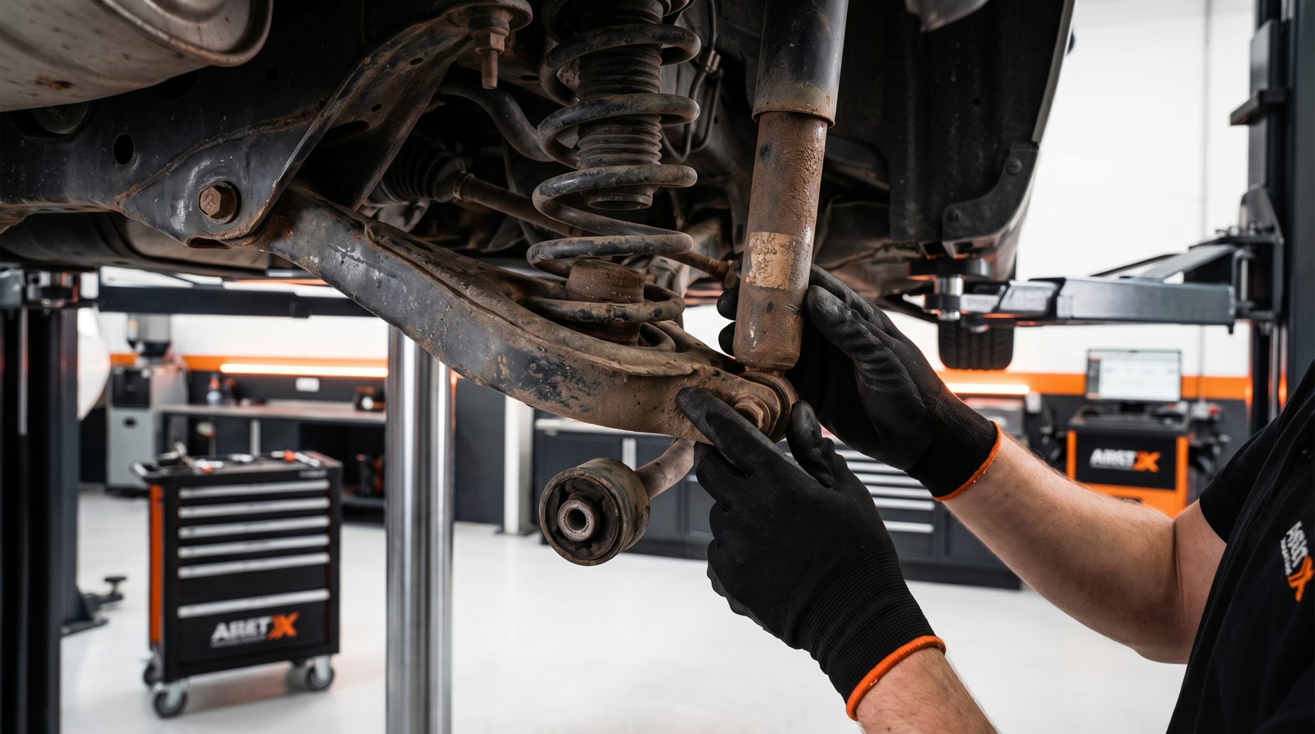 Mechaniker pr&uuml;ft Sto&szlig;d&auml;mpfer und angrenzende Fahrwerkskomponenten wie Querlenkerlager auf Verschlei&szlig;, um Folgesch&auml;den&hellip;