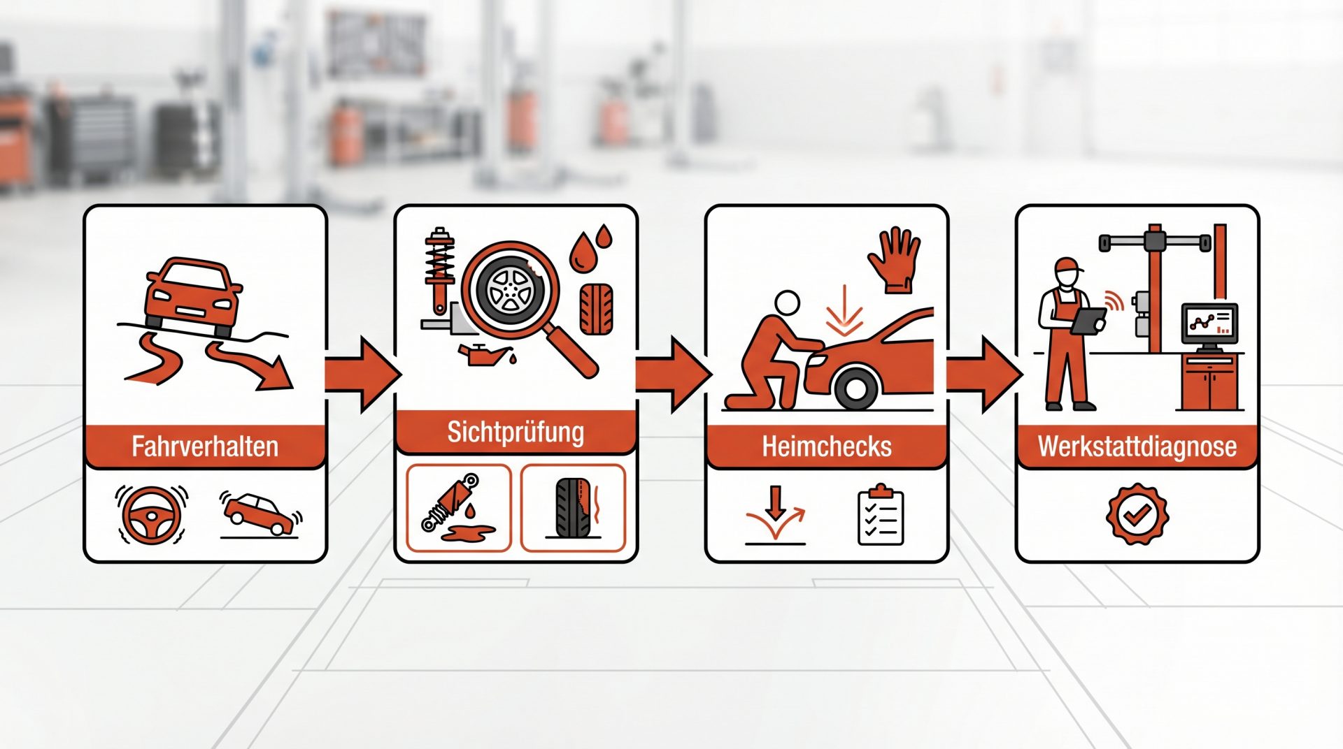 Fahrverhalten analysieren, gefolgt von Sichtpr&uuml;fung auf Lecks und Reifen, dann Heimchecks durchf&uuml;hren und abschlie&szlig;end&hellip;