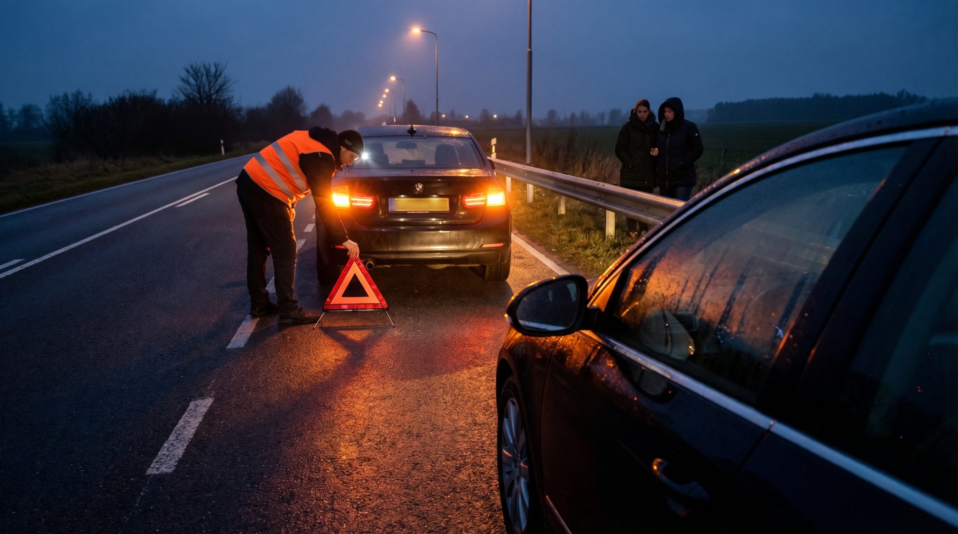 Bei einem Wildunfall auf einer dunklen Landstraße sichert eine Person mit Warnweste das Fahrzeug durch das Aufstellen…