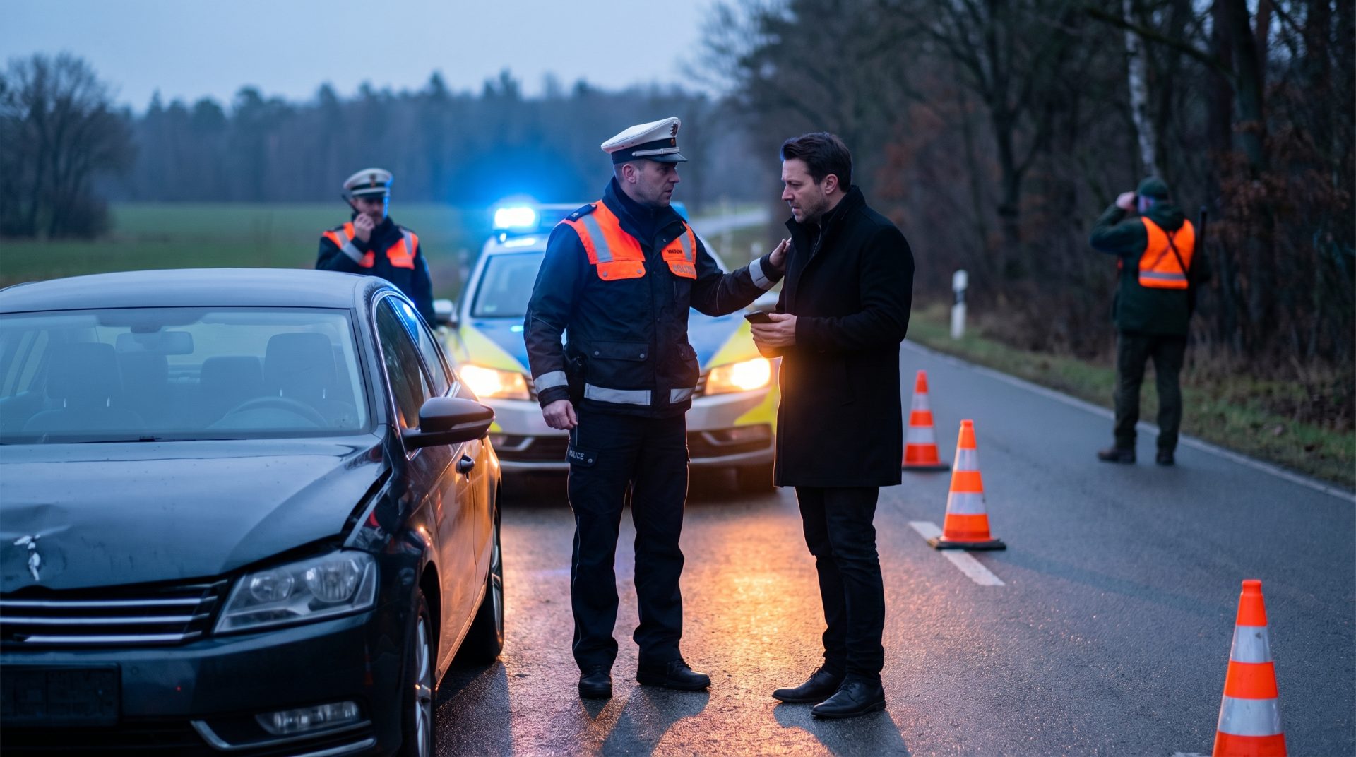 Polizisten sichern nach einem Wildunfall die Unfallstelle, dokumentieren den Vorfall und klären mit dem Fahrer die…