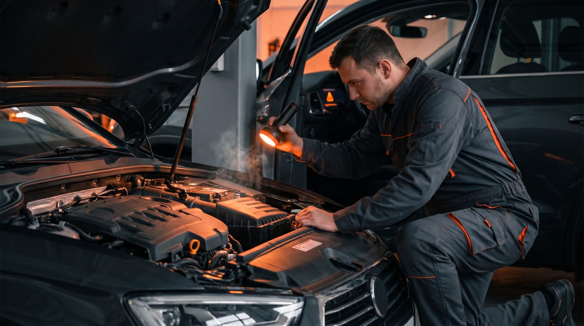 Ein Kfz-Mechaniker untersucht mit Taschenlampe den Motorraum eines Fahrzeugs, aus dem Dampf aufsteigt &ndash; ein m&ouml;glicher&hellip;