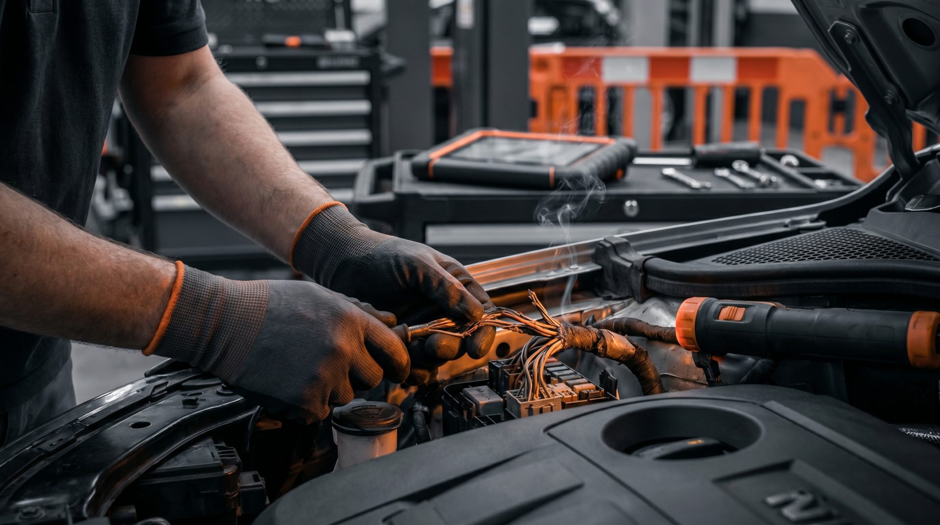 Ein Mechaniker untersucht verschmorte Kabel unter der Motorhaube, die typischen Gummigeruch am Auto verursachen k&ouml;nnen&hellip;