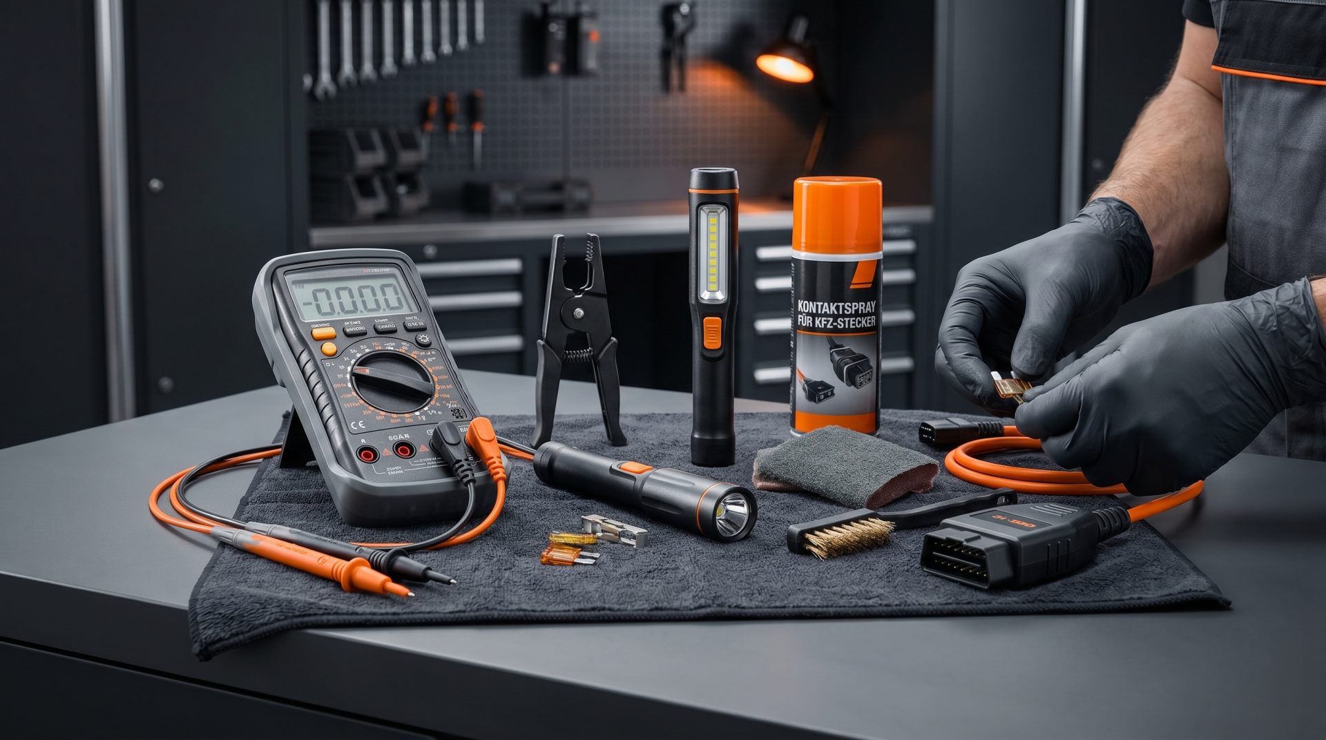 Autoelektrik pr&uuml;fen mit Multimeter, Kontaktspray, Sicherungszieher und weiteren Werkzeugen f&uuml;r pr&auml;zise Diagnose und&hellip;
