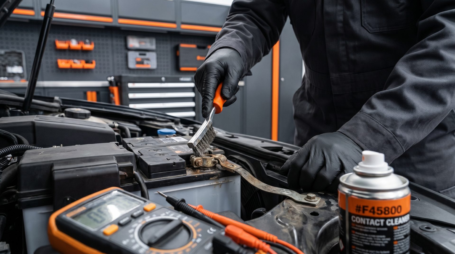 Autoelektrik pr&uuml;fen: Korrodierte Batteriepole werden mit einer Drahtb&uuml;rste gereinigt, um eine sichere Verbindung zu&hellip;