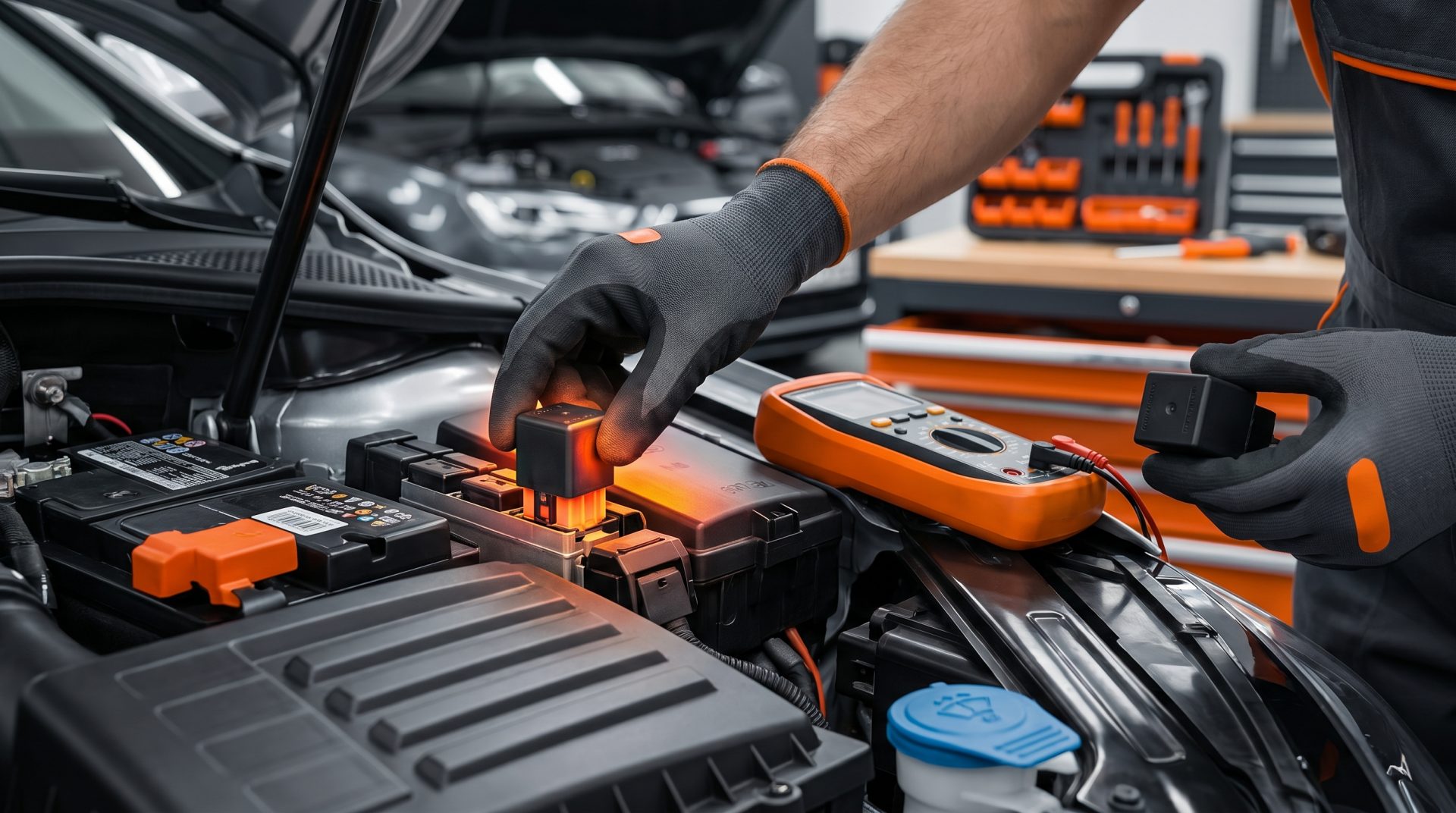 Autoelektrik pr&uuml;fen: Ein Techniker testet ein Relais im Motorraum, um elektrische Lasten wie L&uuml;fter oder Kraftstoffpumpe&hellip;