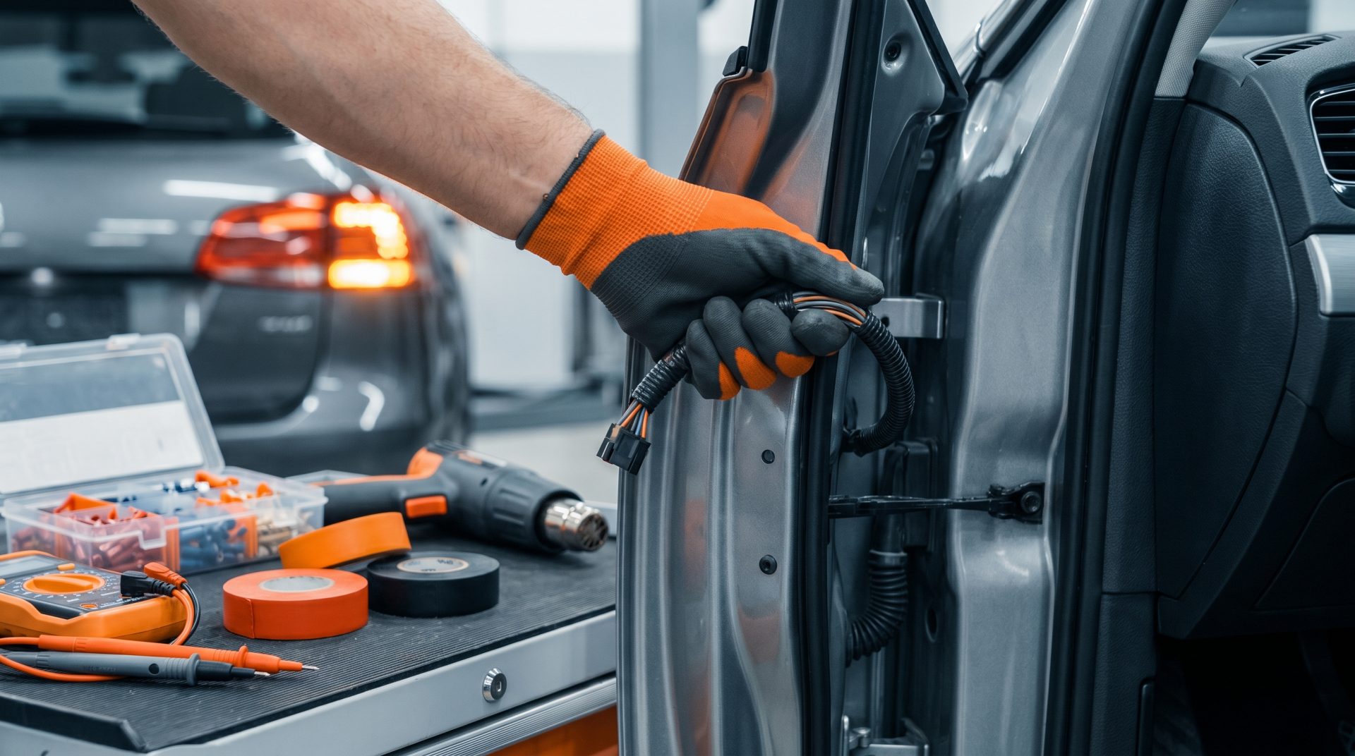Autoelektrik pr&uuml;fen: Kabelstrang in der T&uuml;rdurchf&uuml;hrung wird auf Besch&auml;digungen und Kontaktprobleme kontrolliert, um&hellip;