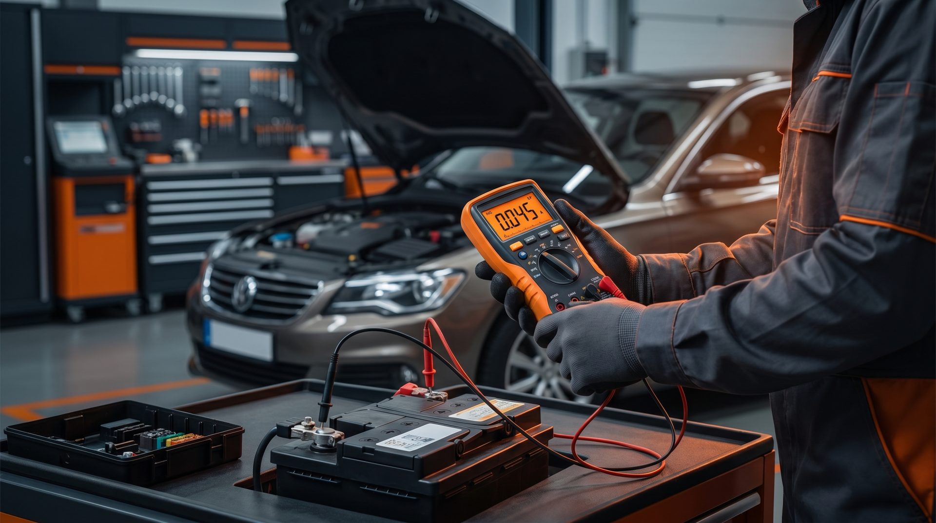 Autoelektrik pr&uuml;fen: Mit einem Multimeter wird die Autobatterie auf Ruhestrom gepr&uuml;ft, um stille Verbraucher zu&hellip;