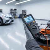 Diese Nahaufnahme vermittelt die ruhige Konzentration und technische Präzision beim Prüfen der Batterie und elektrischen Verbindungen – sie visualisiert die essenzielle Methodik des Artikels emotional durch Hände und Werkzeug in einem modernen Setting.