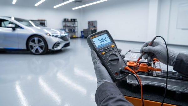 Diese Nahaufnahme vermittelt die ruhige Konzentration und technische Präzision beim Prüfen der Batterie und elektrischen Verbindungen – sie visualisiert die essenzielle Methodik des Artikels emotional durch Hände und Werkzeug in einem modernen Setting.
