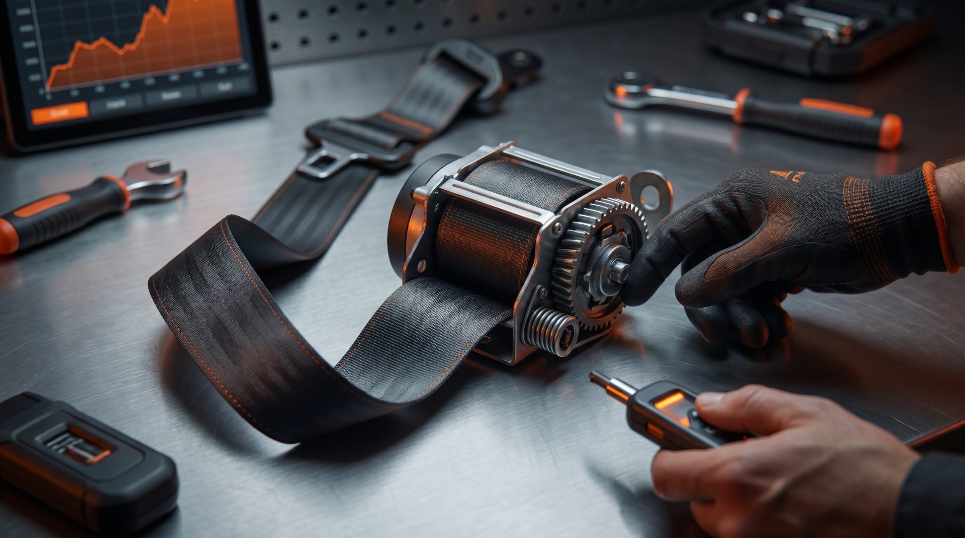 Ein Mechaniker &uuml;berpr&uuml;ft die Funktion eines Sicherheitsgurts mit Fokus auf das Gurtband und die R&uuml;ckrollmechanik, um&hellip;