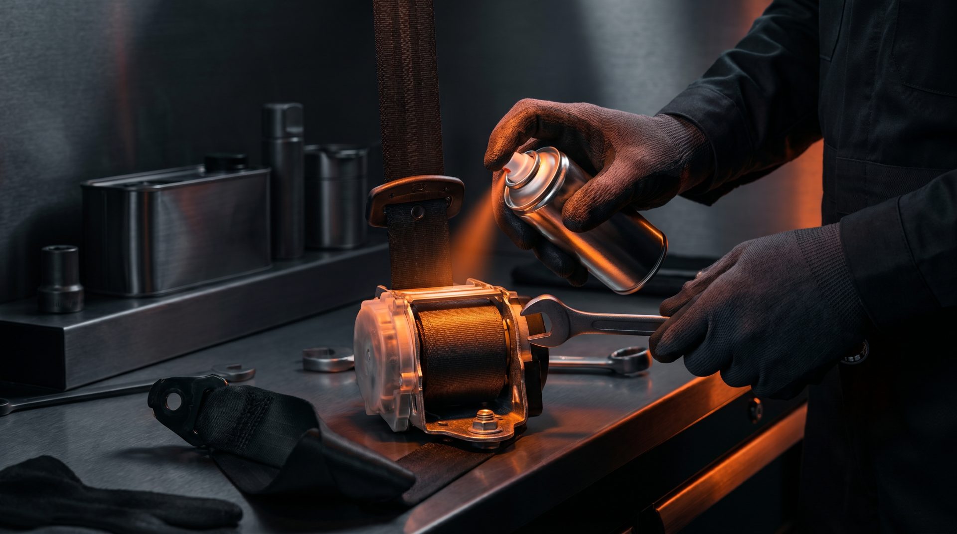 Ein Mechaniker behandelt einen ausgebauten Sicherheitsgurt mit einem Spray, um die Mechanik zu l&ouml;sen &ndash; eine m&ouml;gliche&hellip;