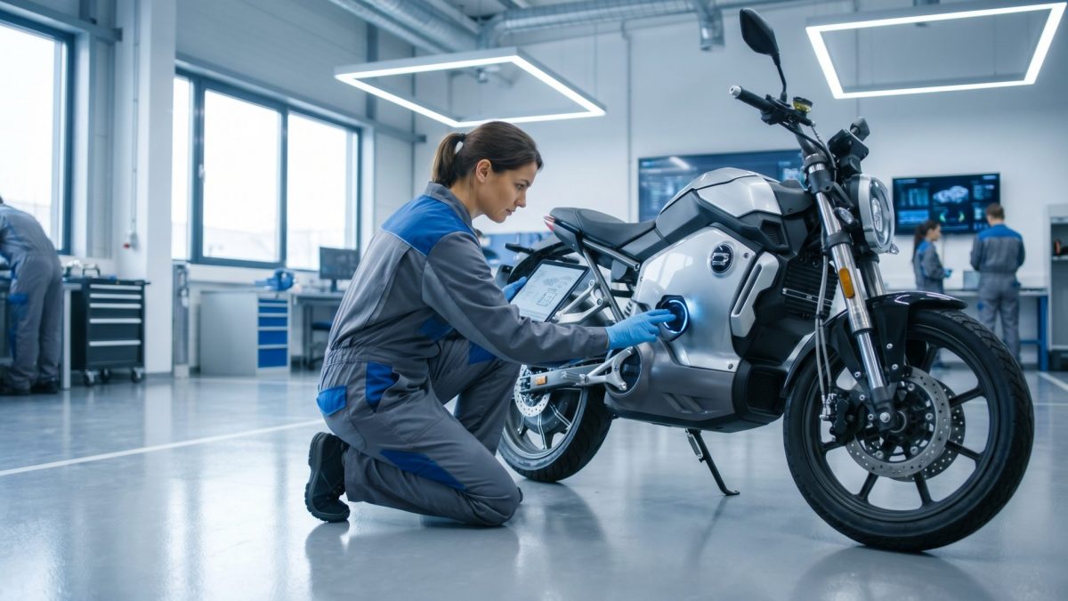 Dieses Bild vermittelt die emotionale Verbindung zwischen moderner Technikpflege und menschlicher Aufmerksamkeit – es zeigt die sorgfältige Routine, die Elektromotorräder langfristig gesund hält.