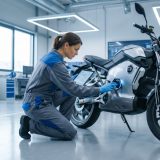 Dieses Bild vermittelt die emotionale Verbindung zwischen moderner Technikpflege und menschlicher Aufmerksamkeit – es zeigt die sorgfältige Routine, die Elektromotorräder langfristig gesund hält.