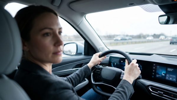 Editorial photograph of a focused female driver in her mid-30s inside a sleek, m