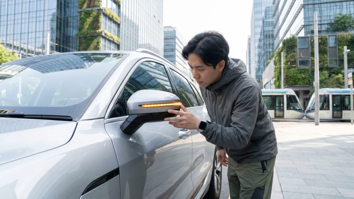 Diese Szene zeigt den alltäglichen Moment der Selbstkontrolle, vermittelt Verantwortung und die Bedeutung des Blinker-Signals im Straßenverkehr.