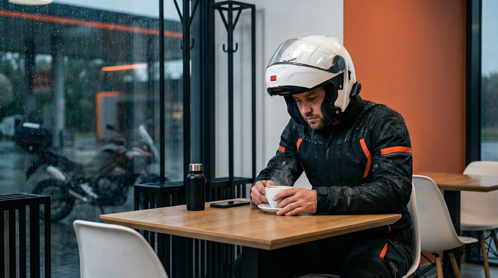 Motorradfahren im Regen: mehr Sicherheit, mehr Komfort zeigt einen Fahrer in kompletter Schutzkleidung, der bei einem&hellip;