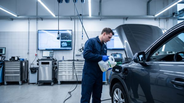 Diese Szene bringt die praktische Anwendung von Additiven in einen glaubwürdigen, aktuellen Werkstattkontext und weckt Vertrauen durch die professionelle und sorgfältige Ausführung.