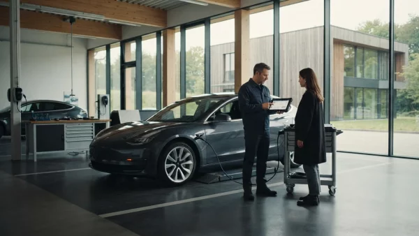 Wide architectural editorial scene conveying Batteriezertifikat beim gebrauchten
