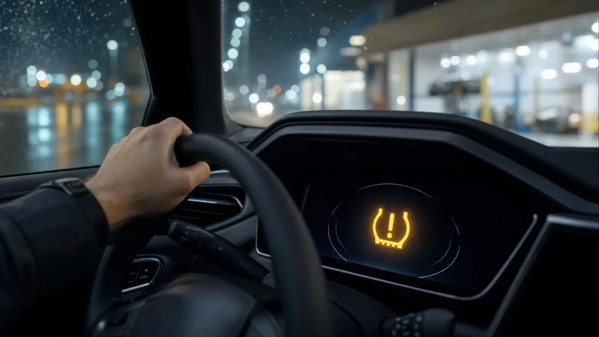 Die Nahaufnahme übersetzt den entscheidenden Moment des Artikels in kontrollierte Spannung: Das Auto fährt noch normal, doch das Signal verlangt Aufmerksamkeit.