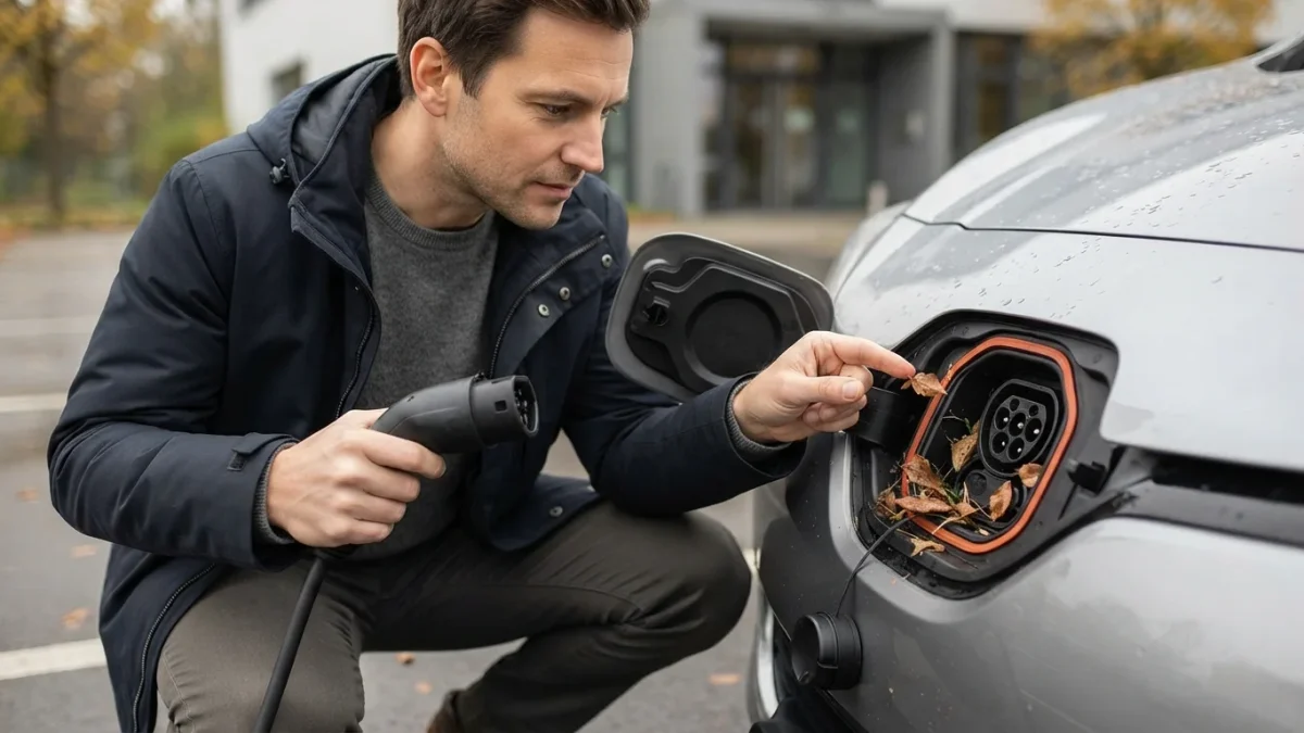 Ein Mann hockt mit einem Ladestecker vor einem Elektroauto und deutet auf trockenes Laub, das sich in der geöffneten Ladebuchse befindet.