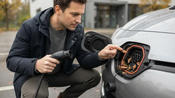 Ein Mann hockt mit einem Ladestecker vor einem Elektroauto und deutet auf trockenes Laub, das sich in der geöffneten Ladebuchse befindet.